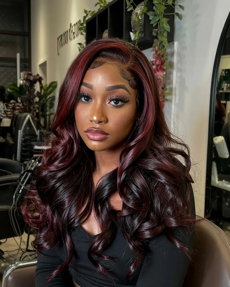 winter hair colors dark skin ideas 2025 2026 Burgundy Waves
