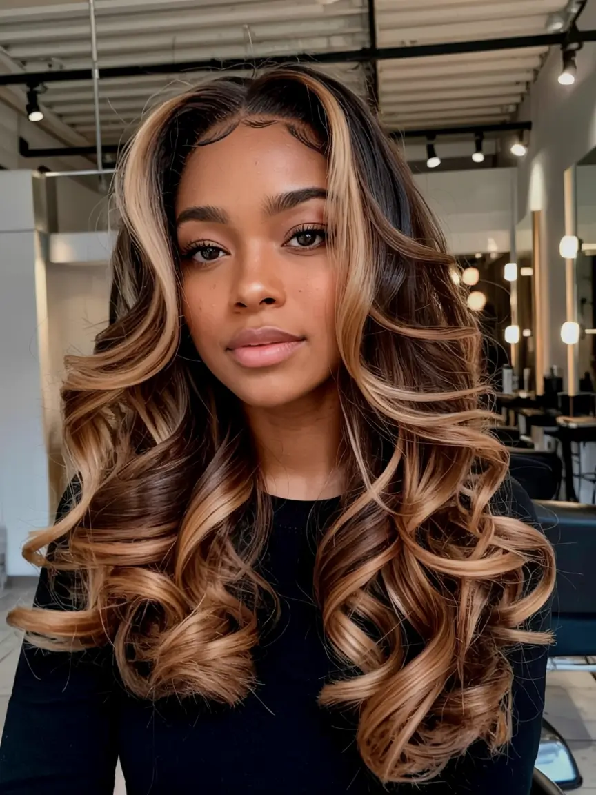 winter hair colors dark skin ideas 2025 2026 Golden Brown Money Piece