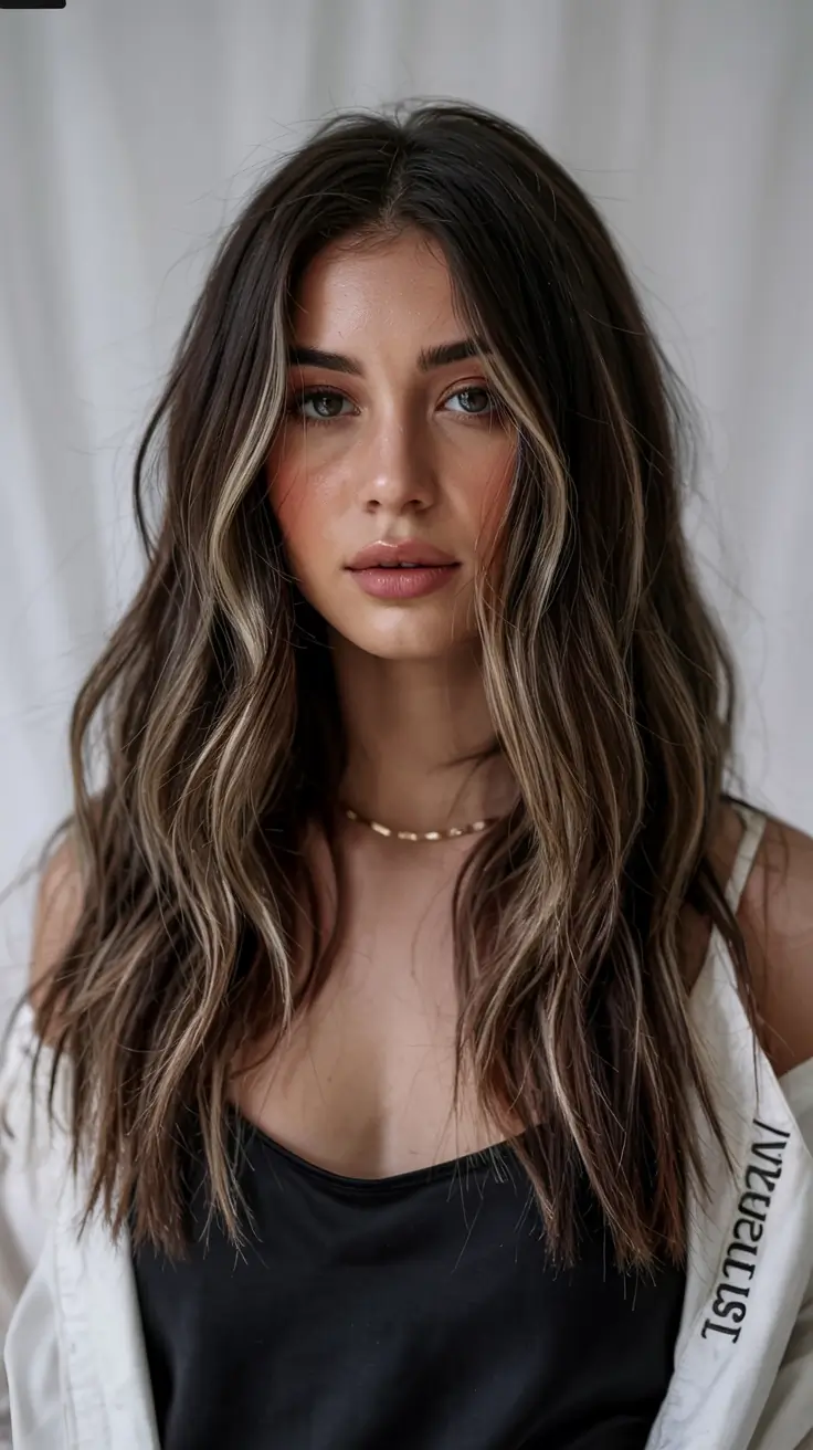 winter hair colors for brunettes ideas 2025 2026 Ashy Brunette with Contrast Highlights