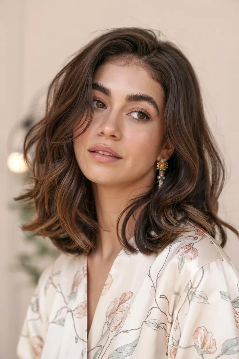 winter hair colors for brunettes ideas 2025 2026 Soft Brunette Bob with Caramel Touches