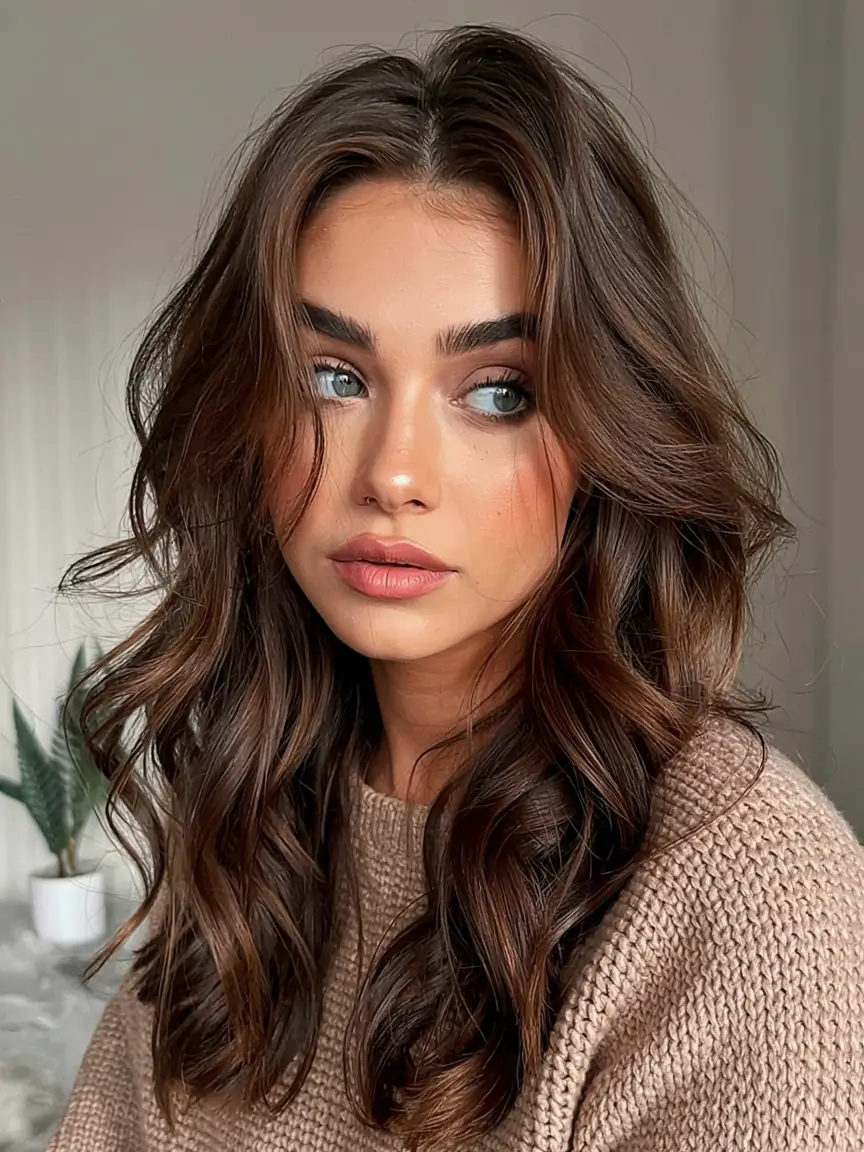 winter hair colors for brunettes ideas 2025 2026 Chestnut Glow with Loose Layers