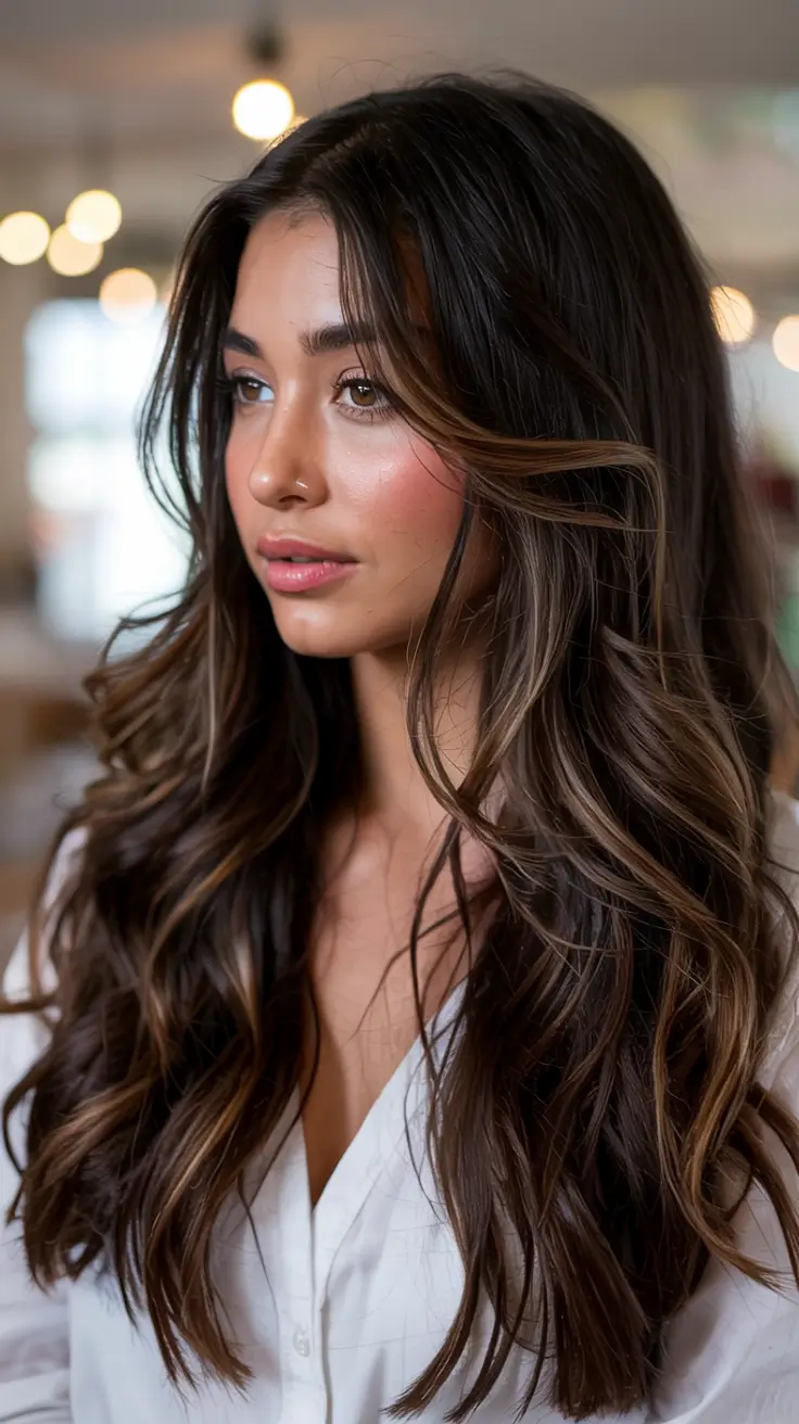 winter hair colors for brunettes ideas 2025 2026 Caramel Ribbons Through Espresso Waves