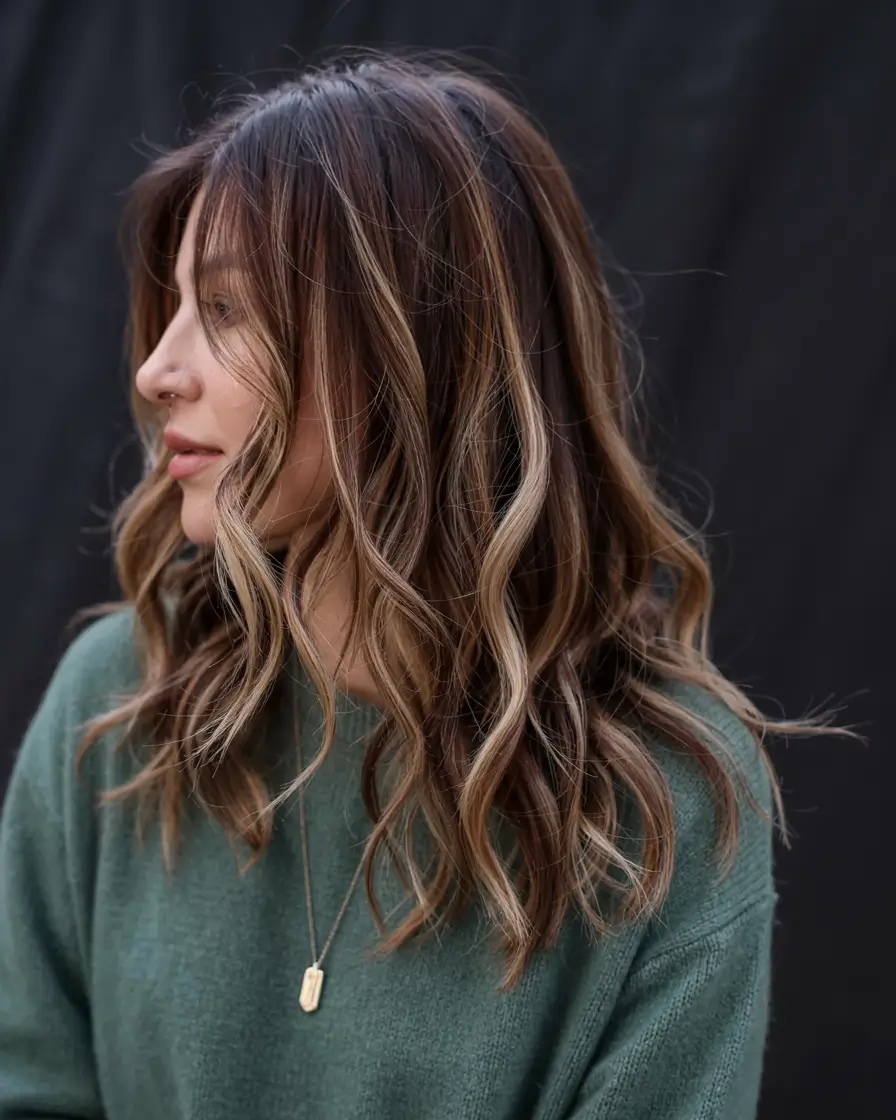 winter hair colors for brunettes ideas 2025 2026 Caramel Ribbon Highlights