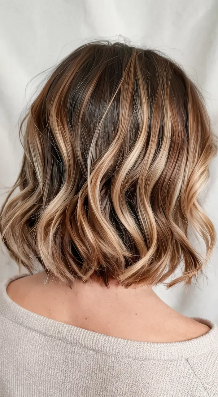 winter hair colors ideas 2025 2026 Caramel Swirl Bob