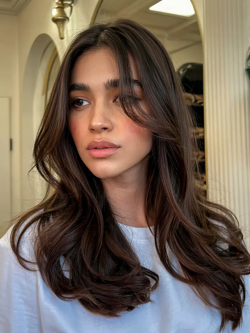 winter hair colors ideas 2025 2026 Chestnut Curtain Layers