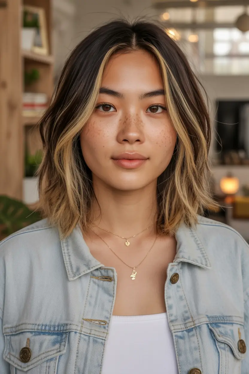 winter haircuts for plus size women ideas 2025 2026 Chunky Face-Framing Highlights on Lob