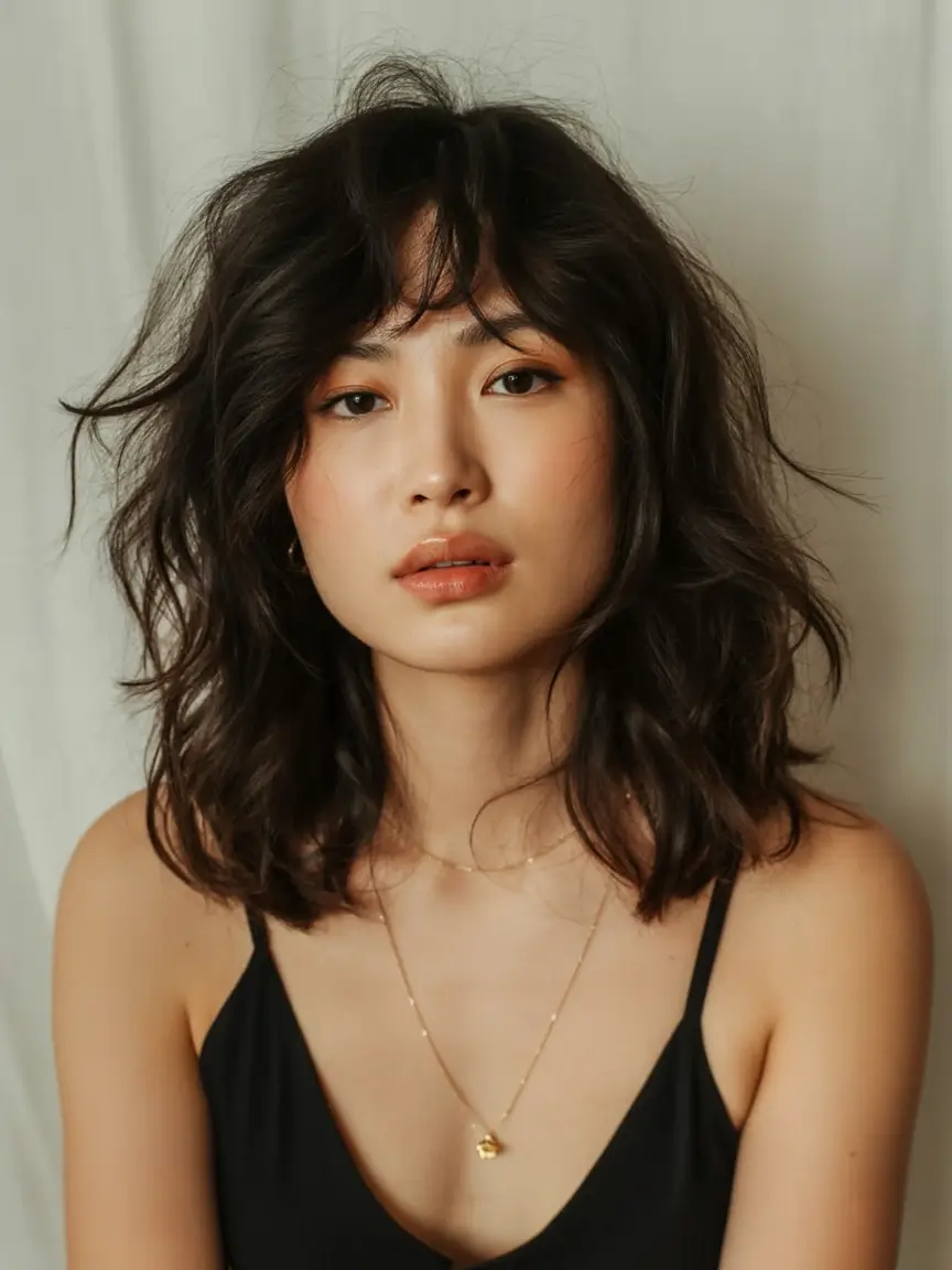 winter haircuts for plus size women ideas 2025 2026 Messy Lob with Wispy Bangs