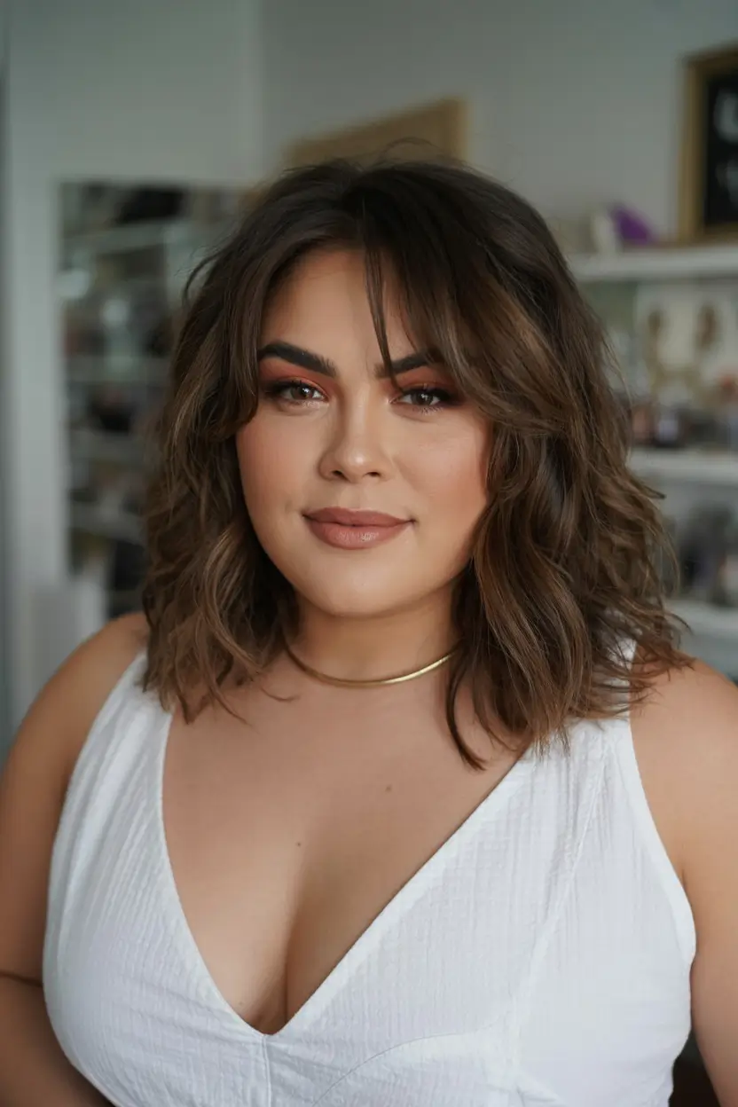 winter haircuts for plus size women ideas 2025 2026 Shoulder-Length Lob with Layered Bangs
