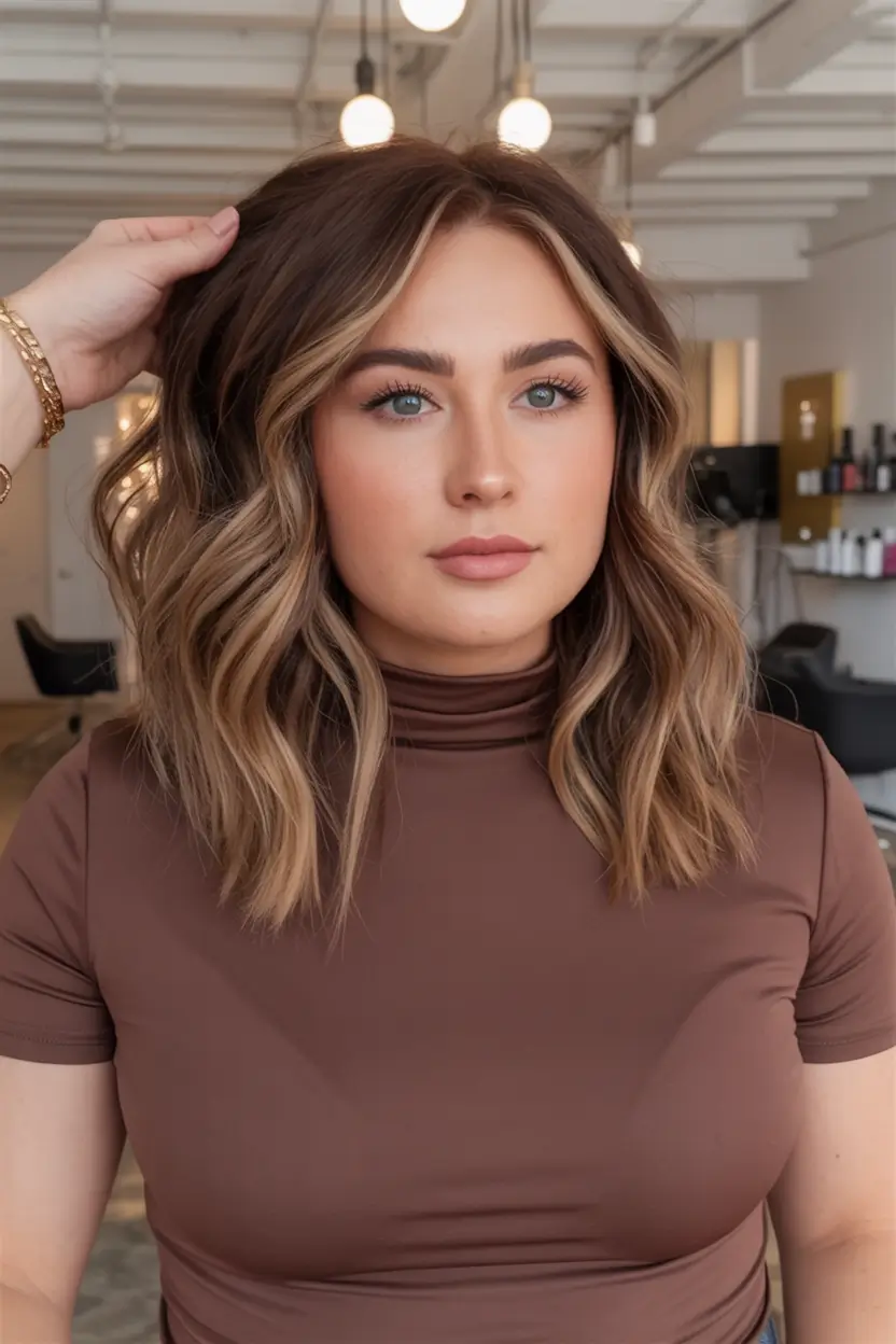 winter haircuts for plus size women ideas 2025 2026 Warm Brunette Waves with Highlights