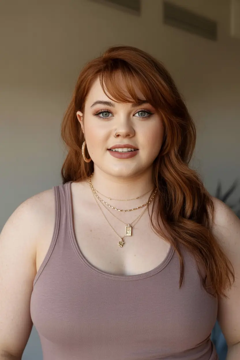 winter haircuts for plus size women ideas 2025 2026 Warm Auburn with Side Bangs