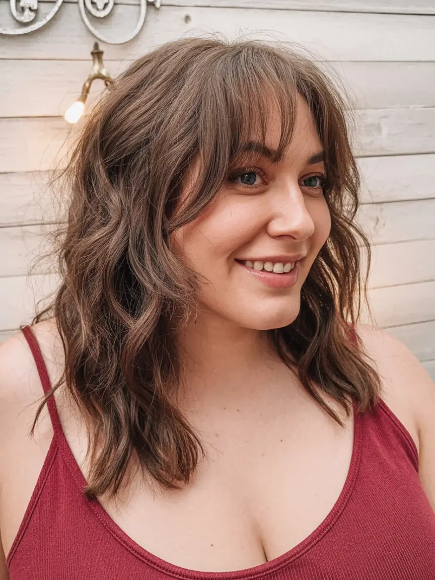 winter haircuts for plus size women ideas 2025 2026 Soft Shag with Wispy Bangs