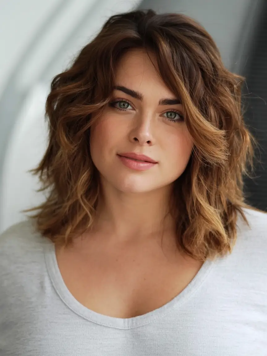 winter haircuts for plus size women ideas 2025 2026 Textured Medium Cut with Caramel Hues