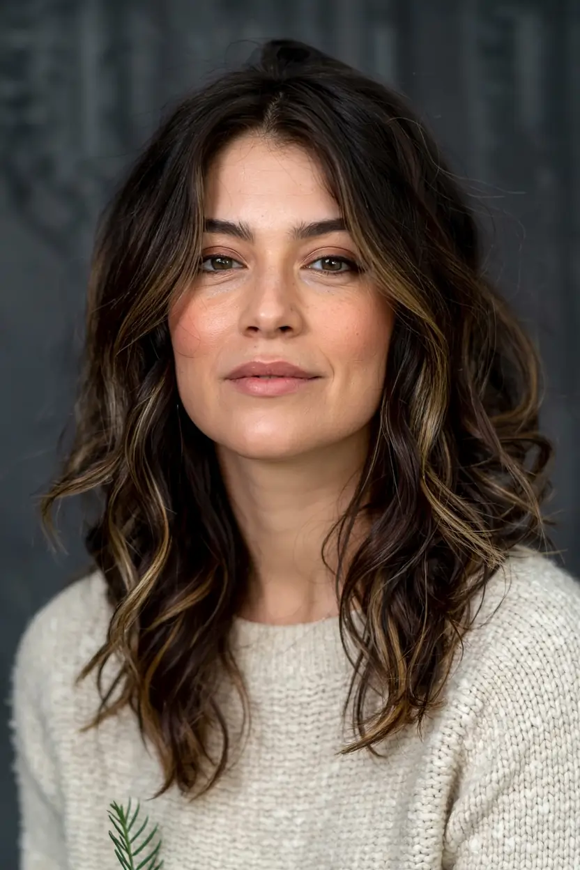 winter hairstyles color 2025 2026 for women over 40 Dark Espresso Waves with Caramel Threads