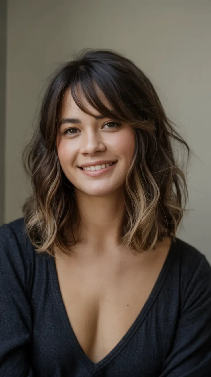 winter hairstyles color 2025 2026 for women over 40 Shoulder-Length Waves with Wispy Bangs