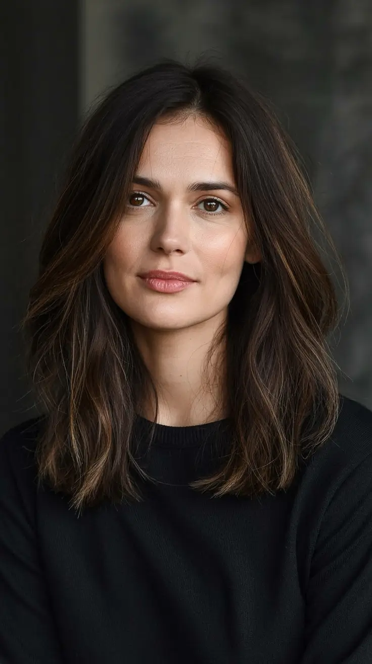 winter hairstyles color 2025 2026 for women over 40 Sleek Mid-Length with Chestnut Shine