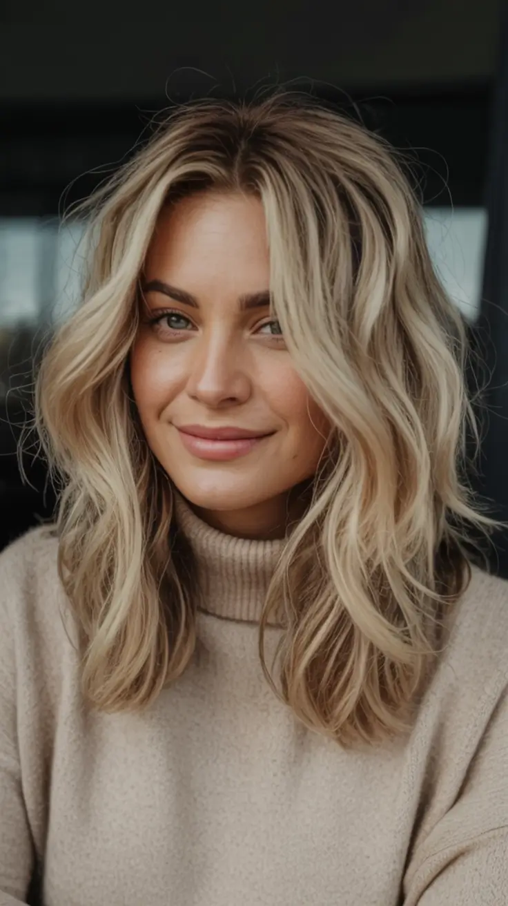 winter hairstyles color 2025 2026 for women over 40 Golden Blonde Waves with Lived-In Texture
