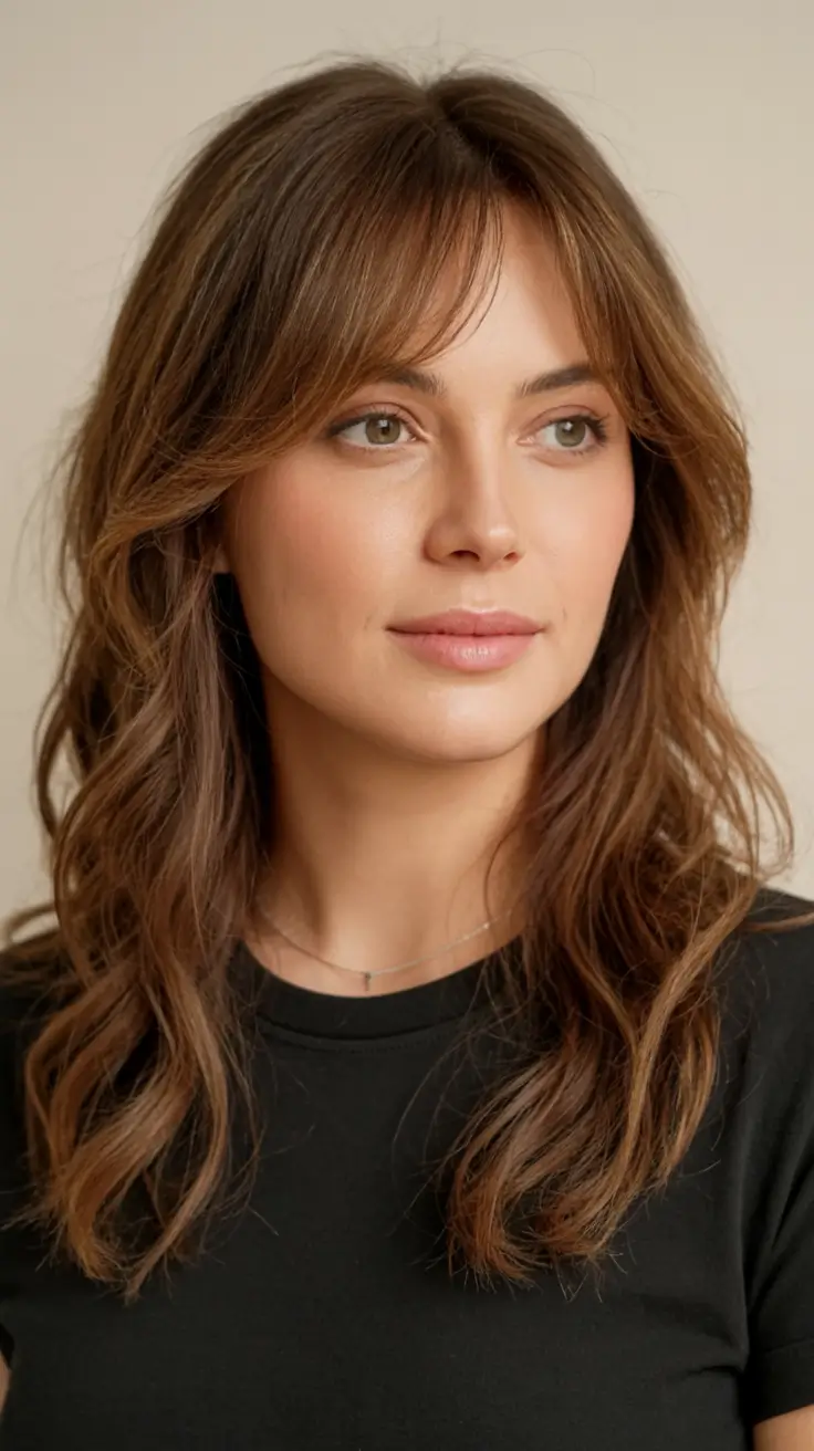 winter hairstyles color 2025 2026 for women over 40 Long Layers with Wispy Curtain Bangs