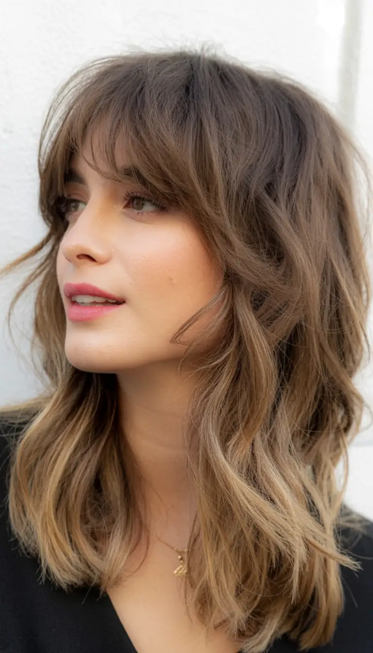 winter hairstyles color 2025 2026 for women over 40 Layered Shag with Caramel Accents