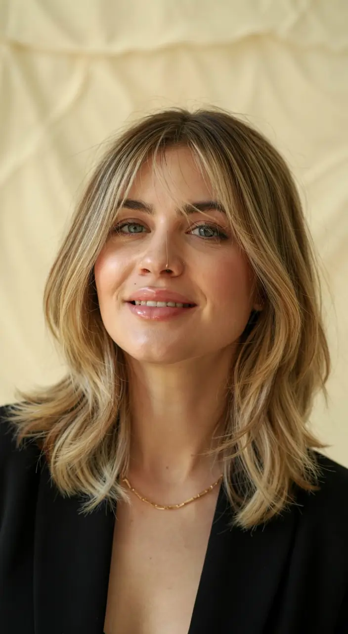 winter hairstyles color 2025 2026 for women over 40 Mid-Length Cut with Curtain Bangs