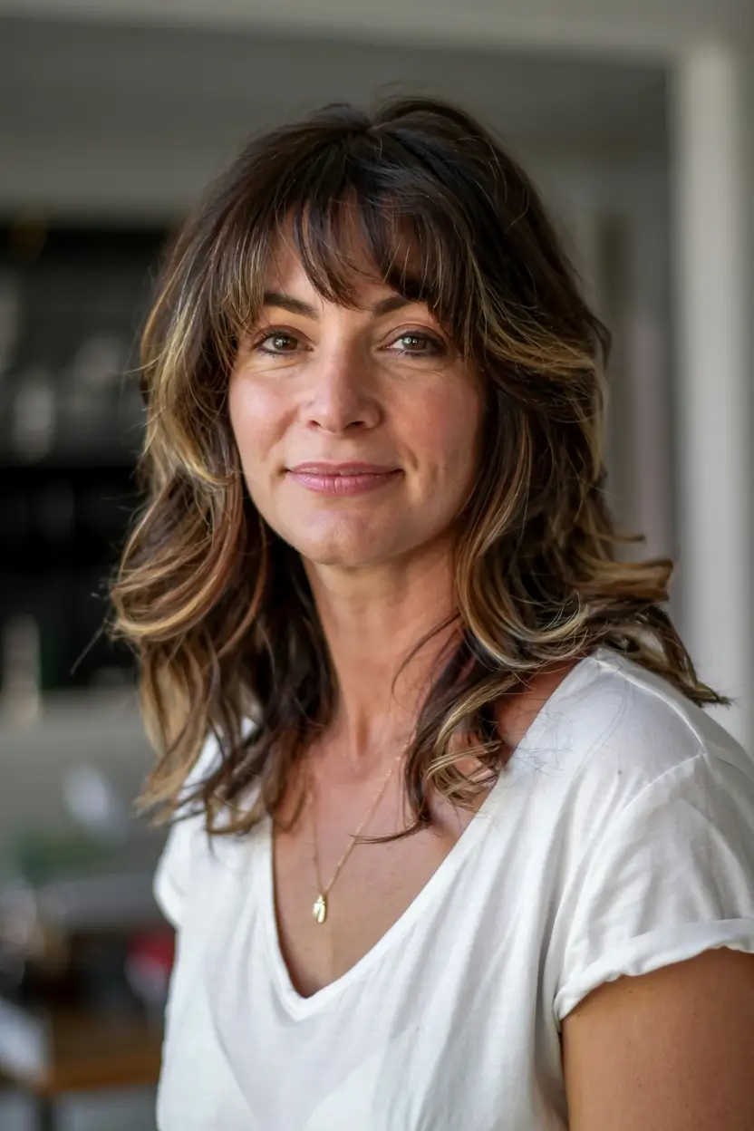 winter hairstyles color 2025 2026 for women over 40 Layered Shag with Warm Brunette Tones