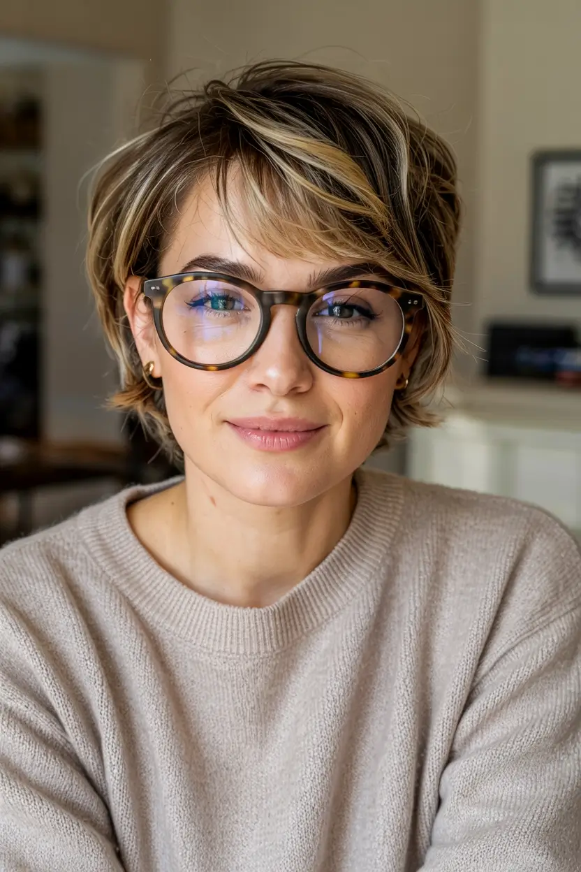 winter hairstyles hair color 2025 2026 for women over 50 Soft Layered Pixie with Honey Accents