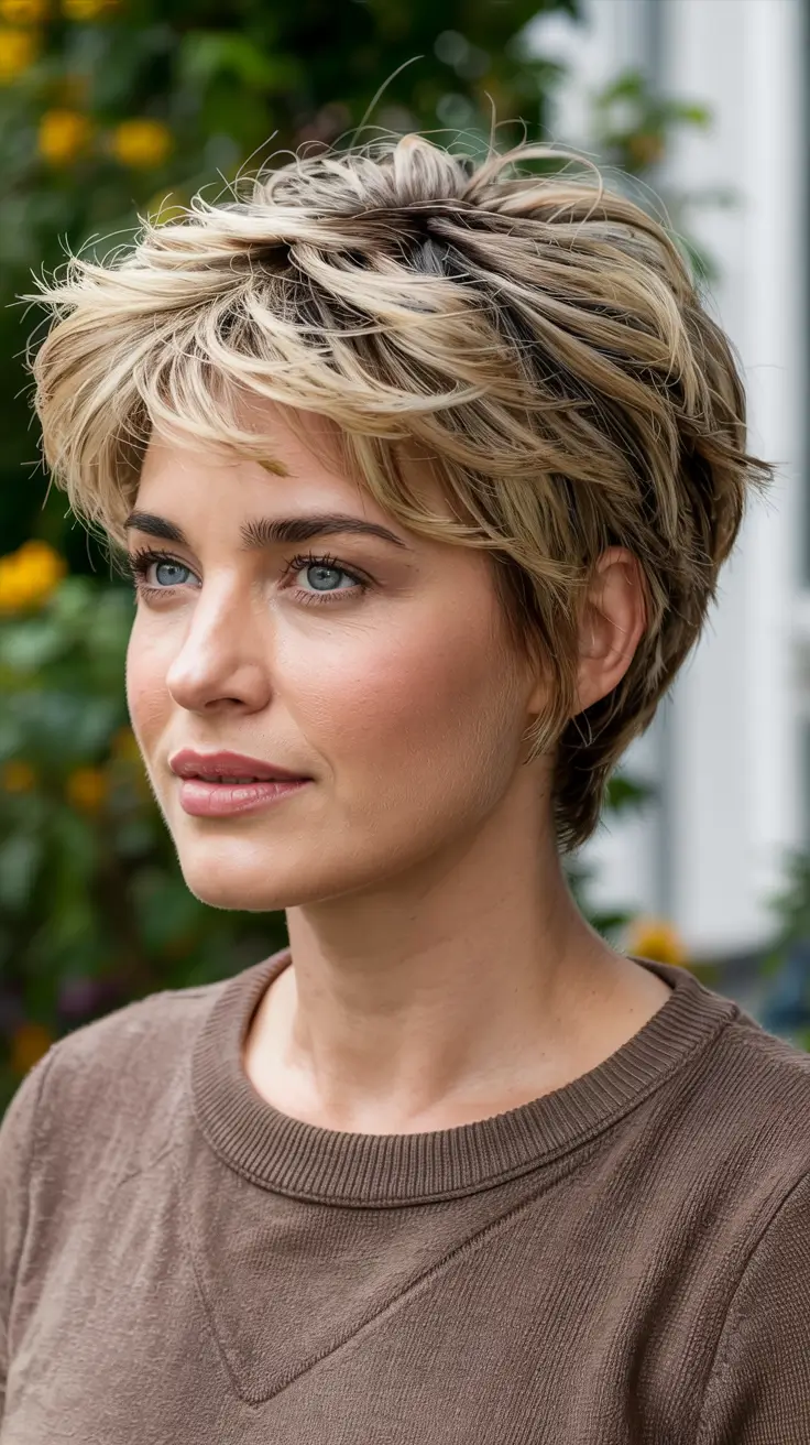winter hairstyles hair color 2025 2026 for women over 50 Modern Pixie with Blonde Dimension