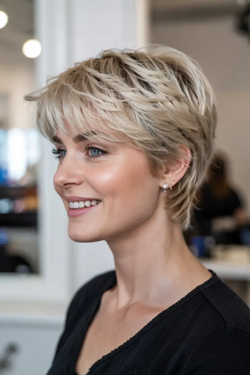 winter hairstyles hair color 2025 2026 for women over 50 Layered Platinum Pixie with Icy Shine