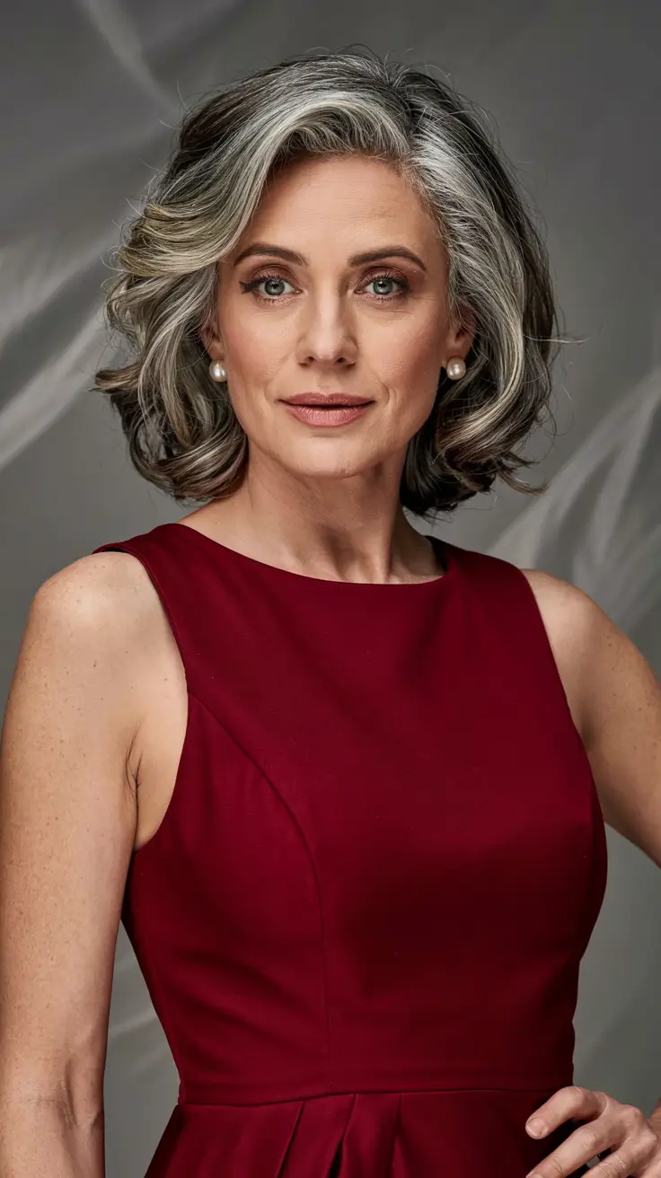 winter hairstyles hair color 2025 2026 for women over 50 Salt-and-Pepper Glam with Polished Curls