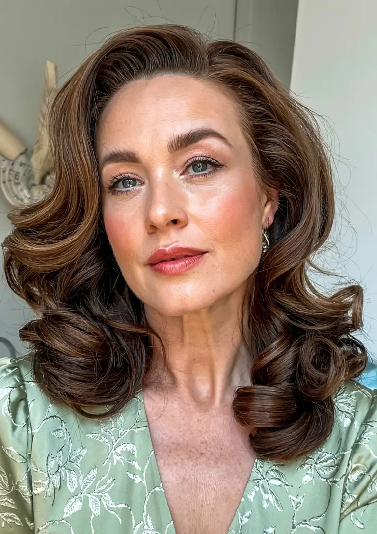 winter hairstyles hair color 2025 2026 for women over 50 Glossy Chestnut Waves with Rich Dimension