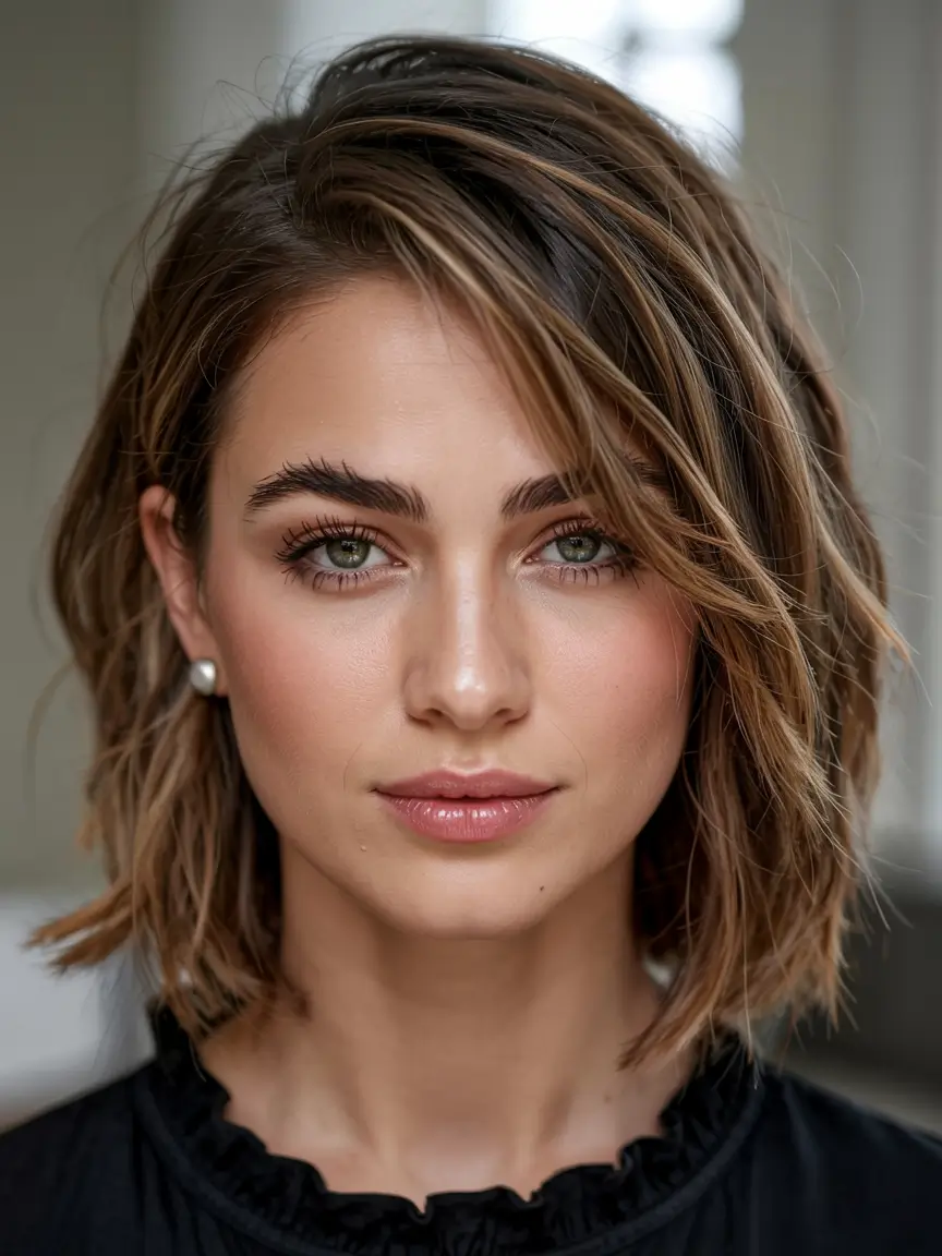 winter hairstyles hair color 2025 2026 for women over 50 Textured Brunette Bob with Caramel Highlights