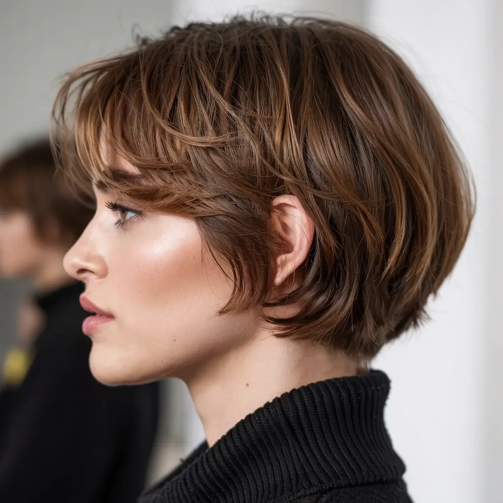 winter hairstyles hair color 2025 2026 for women over 50 Sleek Chestnut Crop with Subtle Layers