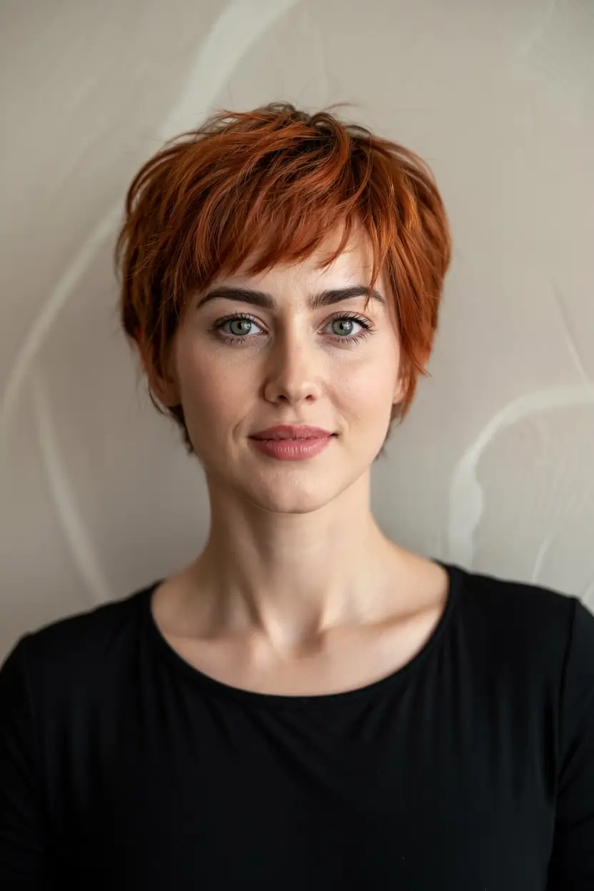 winter hairstyles hair color 2025 2026 for women over 50 Fiery Red Pixie with Playful Texture