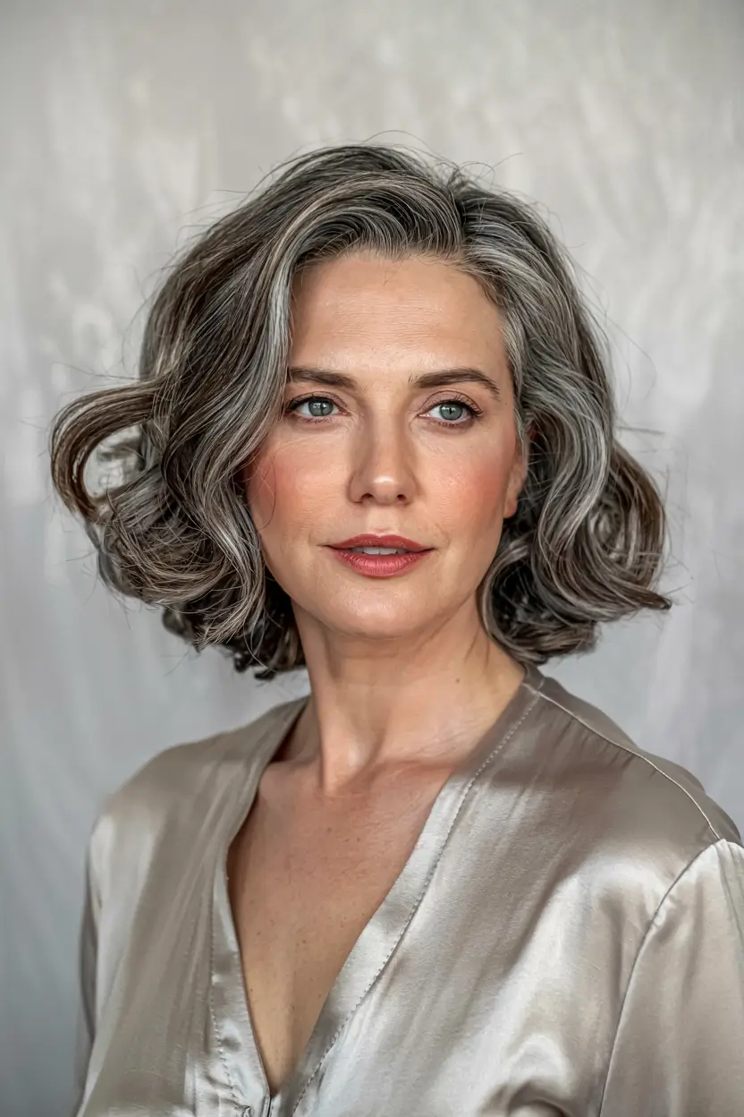 winter hairstyles hair color 2025 2026 for women over 60 Glossy Salt-and-Pepper Waves