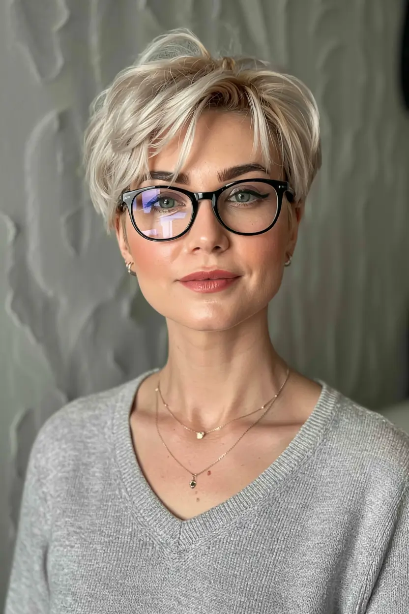 winter hairstyles hair color 2025 2026 for women over 60 Polished Pixie with Glasses