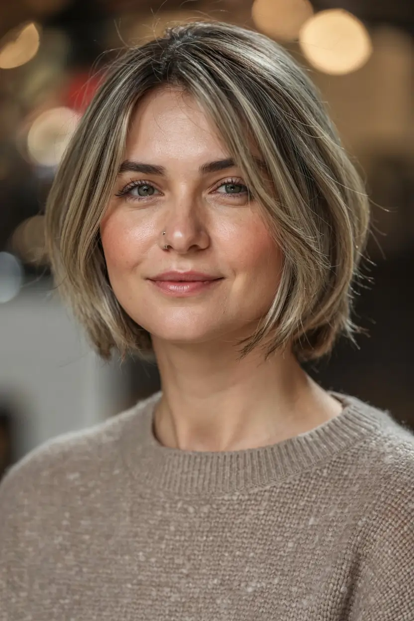 winter hairstyles hair color 2025 2026 for women over 60 Face-Framing Bob with Ashy Highlights
