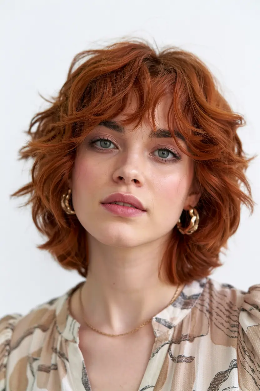 winter hairstyles hair color 2025 2026 for women over 60 Copper Shag with Curtain Bangs
