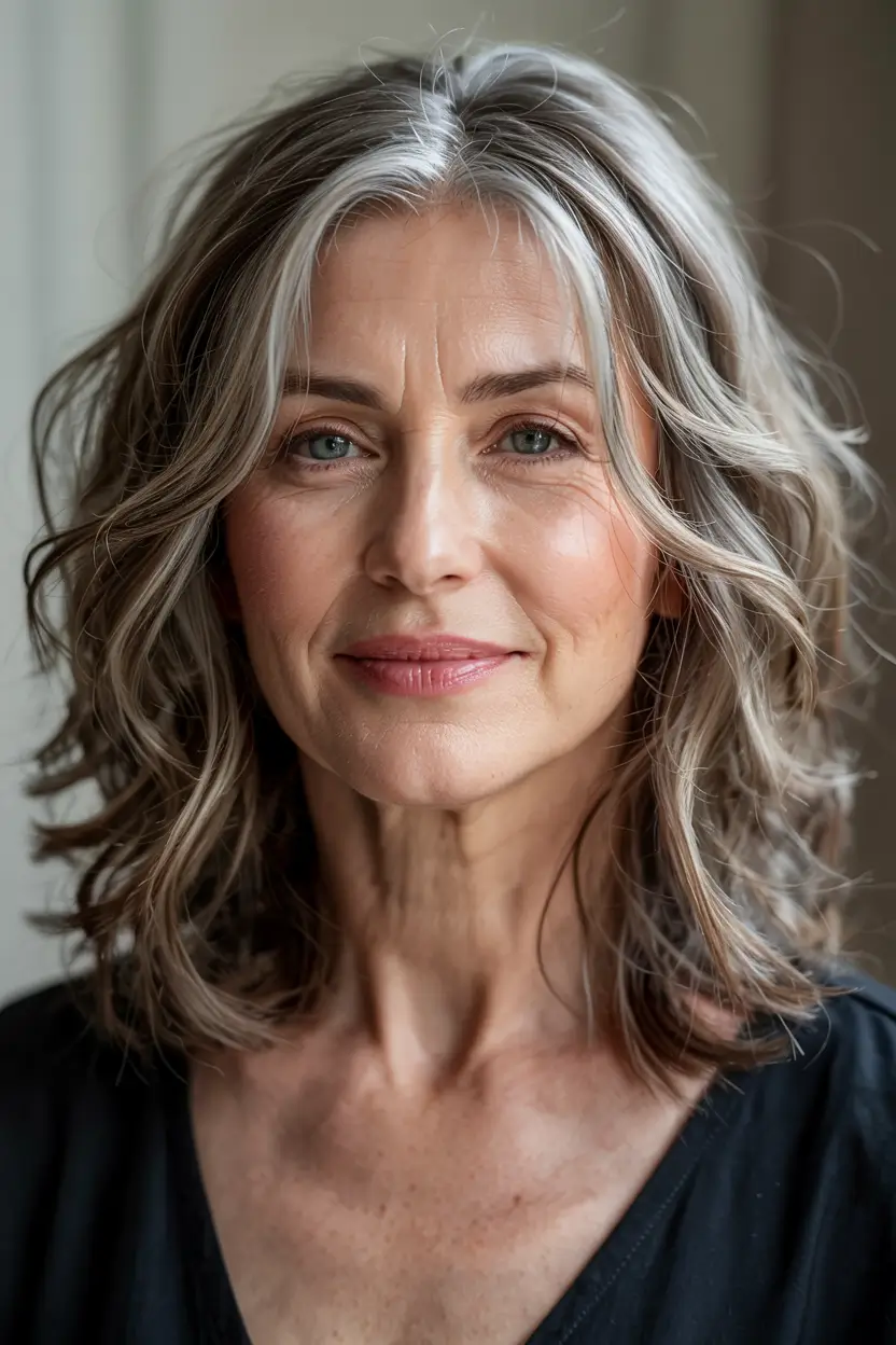 winter hairstyles hair color 2025 2026 for women over 60 Layered Gray Lob with Dimension