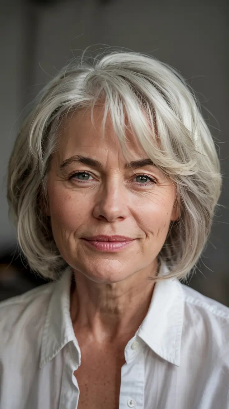 winter hairstyles hair color 2025 2026 for women over 60 Classic Silver Bob with Side Layers