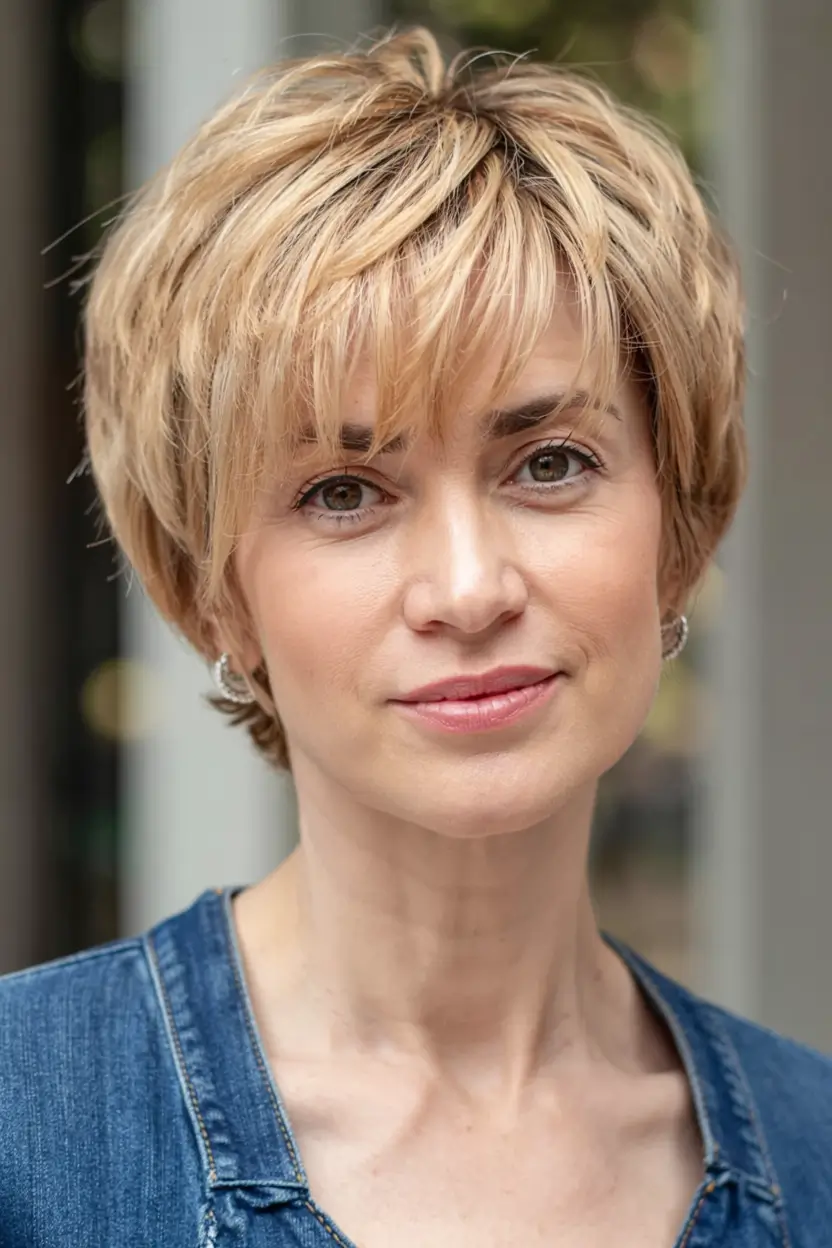 winter hairstyles hair color 2025 2026 for women over 60 Golden Pixie with Soft Fringe