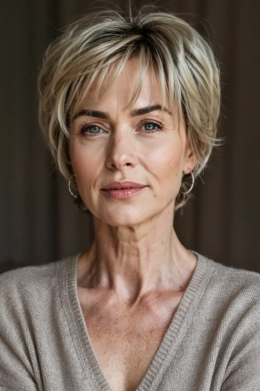 winter hairstyles hair color 2025 2026 for women over 60 Layered Blonde Pixie-Bob