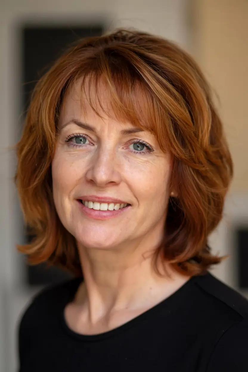 winter hairstyles hair color 2025 2026 for women over 60 Warm Auburn Layers with Bangs