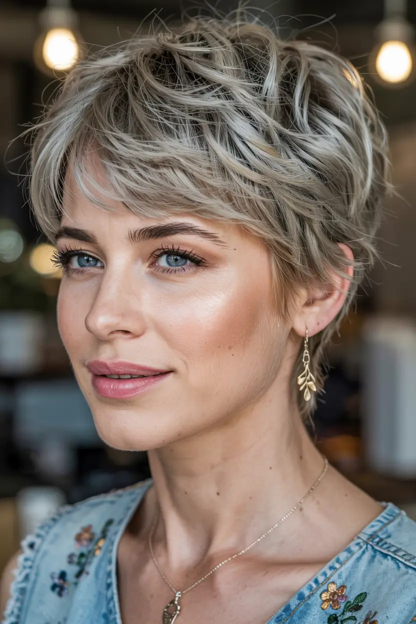 winter hairstyles hair color 2025 2026 for women over 60 Short Textured Pixie in Smoky Silver