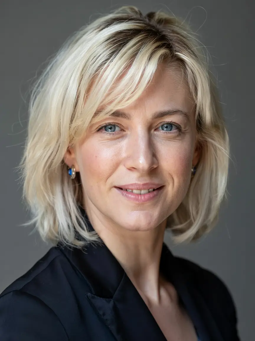 winter hairstyles hair color 2025 2026 for women over 60 Layered Blonde Bob with Wispy Bangs