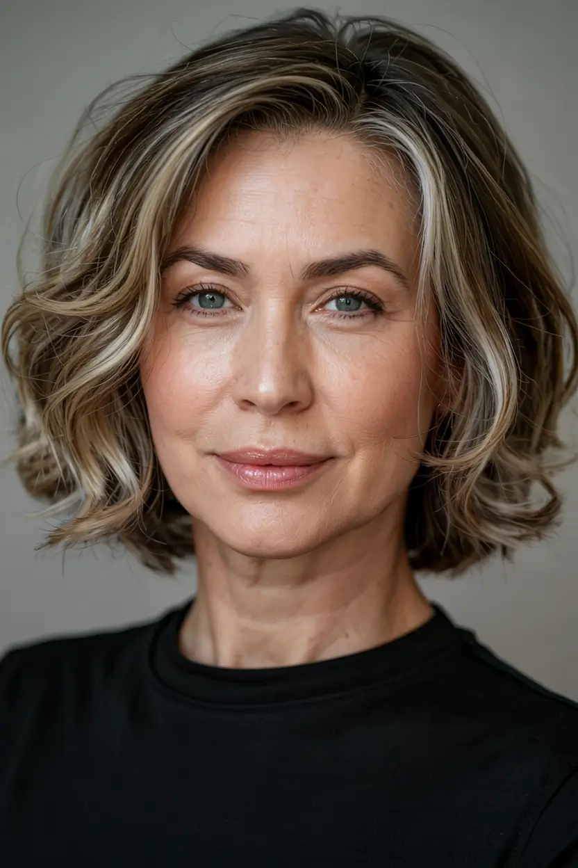 winter hairstyles hair color 2025 2026 for women over 60 Layered Lob with Ash-Toned Highlights