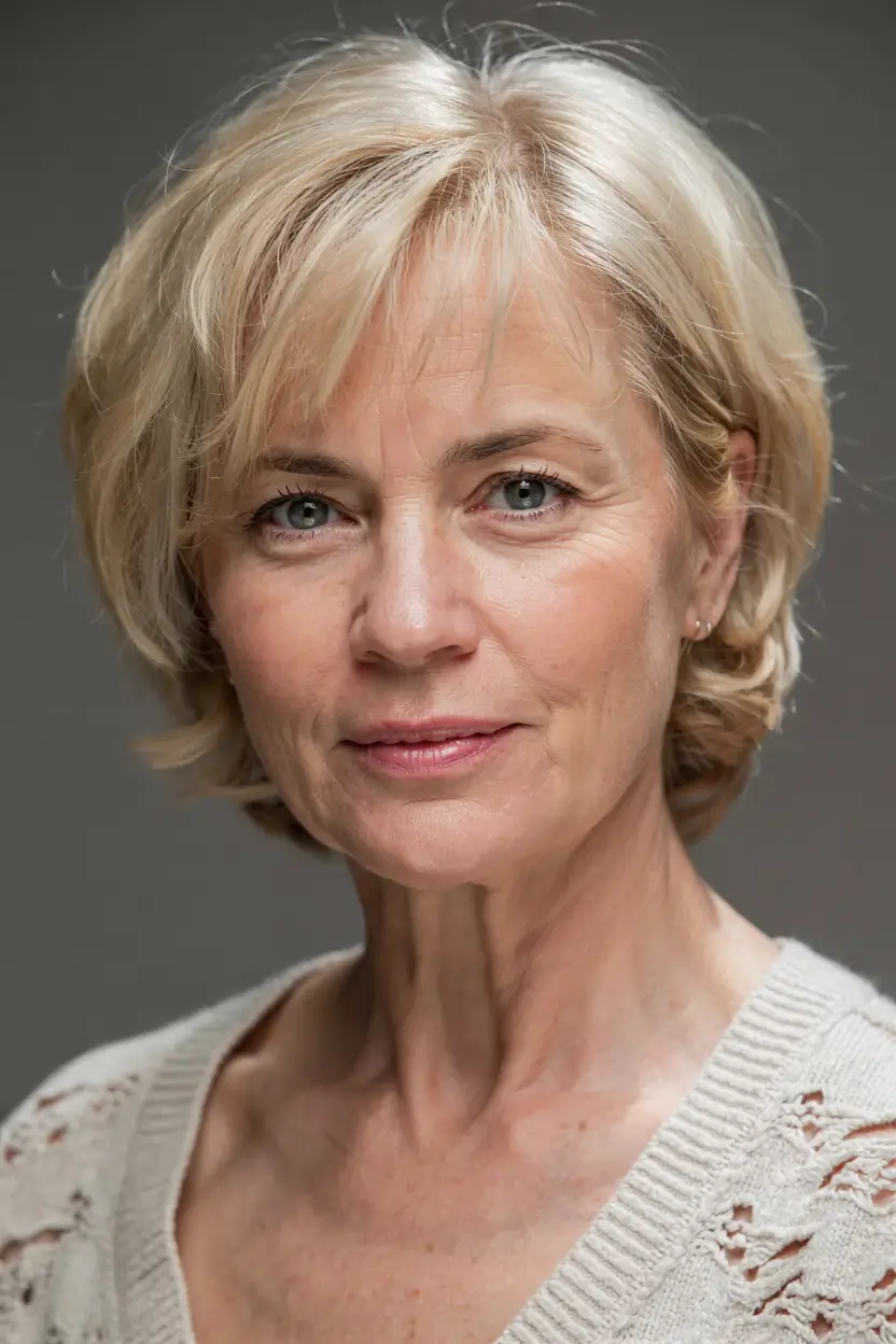 winter hairstyles hair color 2025 2026 for women over 60 Short Feathered Blonde Layers