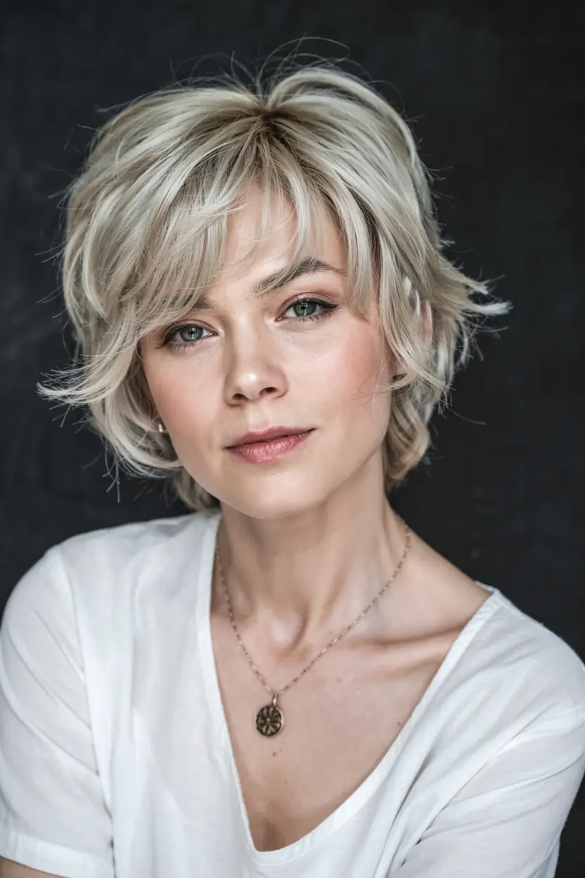 winter hairstyles hair color 2025 2026 for women over 60 Textured Platinum Crop with Layers