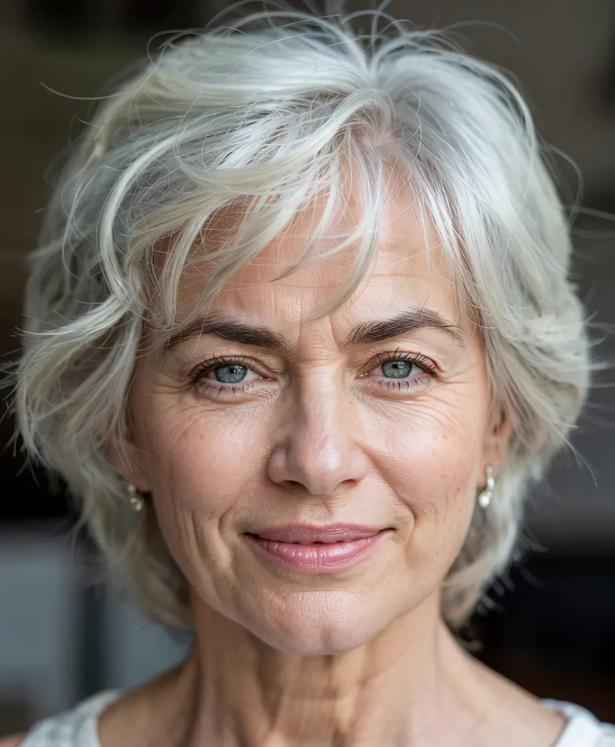 winter hairstyles hair color 2025 2026 for women over 60 Silver Shag with Windswept Layers