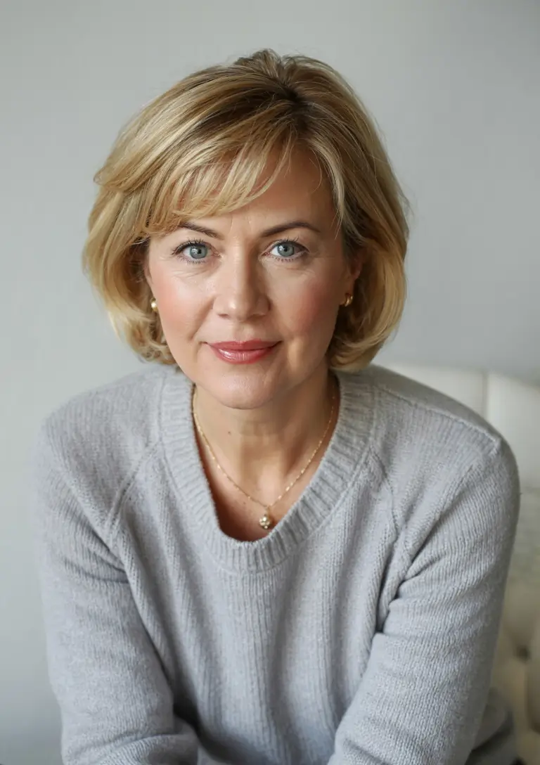 winter hairstyles hair color 2025 2026 for women over 60 Golden Bob with Side-Swept Bangs