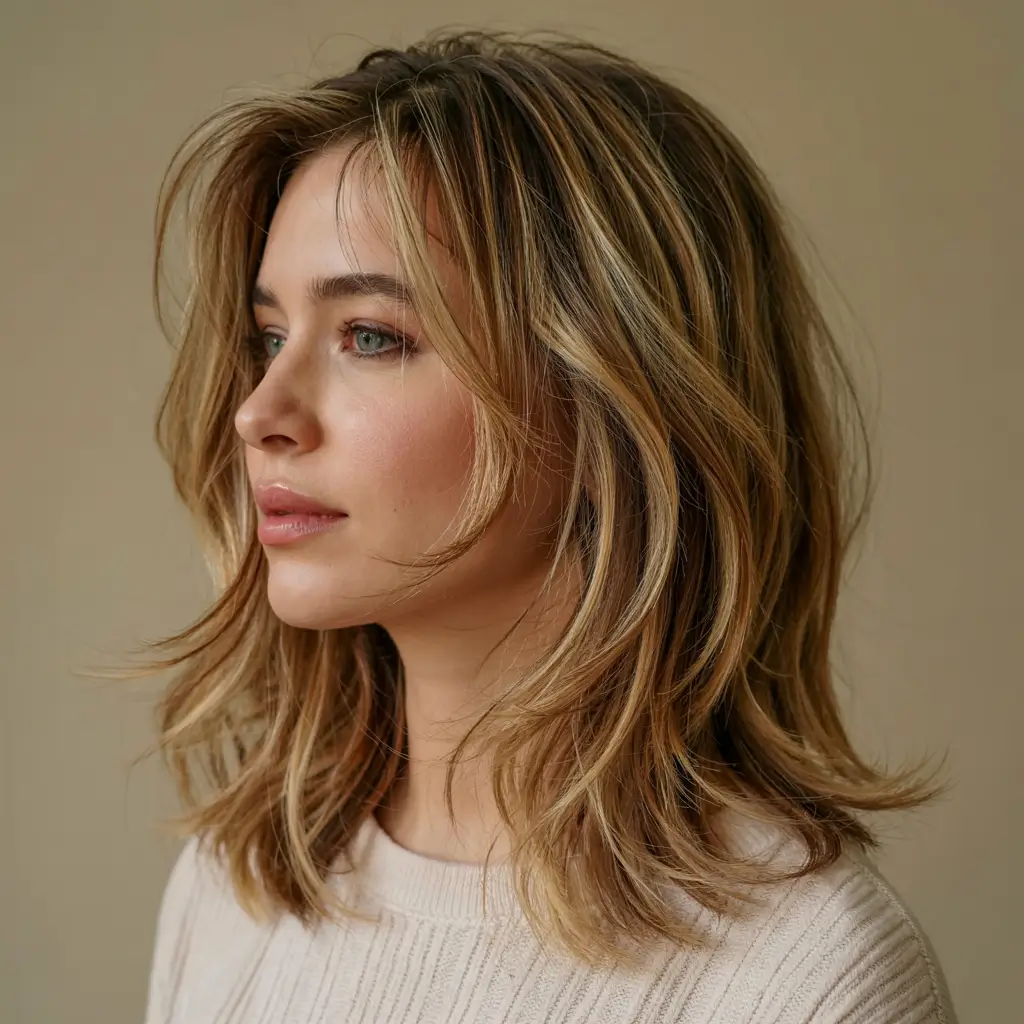winter medium haircut ideas 2025 2026 Layered Blonde with Windswept Texture