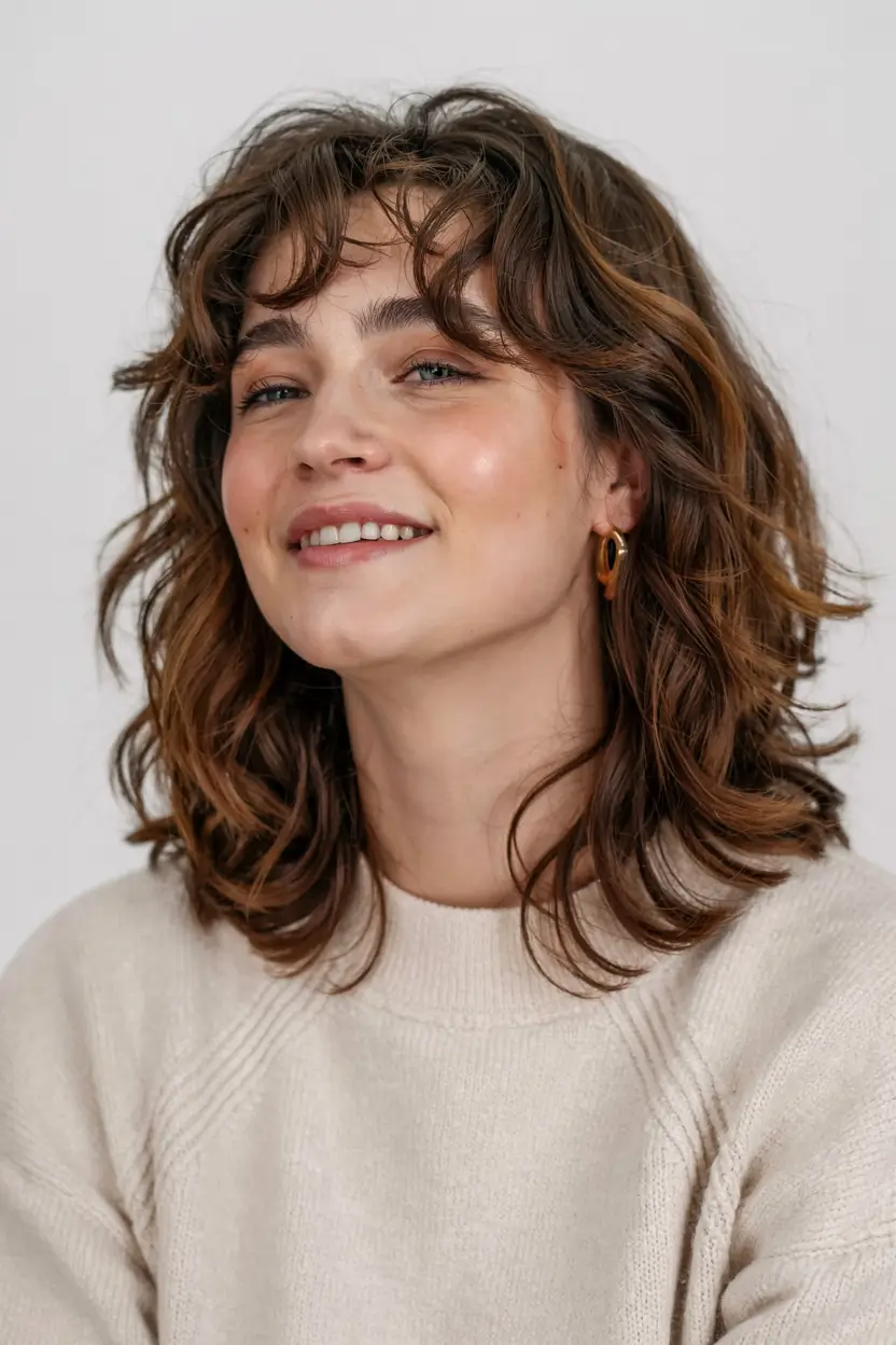 winter medium haircut ideas 2025 2026 Shaggy Layers with Soft Bangs